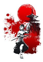 Warrior girl with sword and fan on the background of the pagoda and the red sun. Vector illustration.