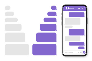 Realistic smartphone with messaging app. Blank SMS text frame. Messenger chat screen with violet message bubbles. Social media application. Vector illustration.