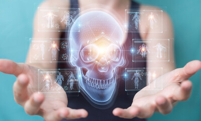 Leinwandbilder - Woman using digital x-ray skull holographic scan projection 3D rendering