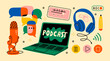 © Dariia - Headphones, microphone, laptop, equalizer, speech bubbles. Podcast recording and listening, broadcasting, online radio, audio streaming service Concept. Hand drawn Vector isolated illustrations