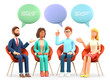 © Rinat Khairitdinov - 3D illustration of business team meeting and talking with speech bubbles. Happy multicultural people characters sitting in chairs and discussing. Teamwork, group therapy, support session.