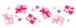 Set of decorative pink gift box and paper hearts. Valentines day banner. Holiday design template. Flat lay. Vector stock illustration