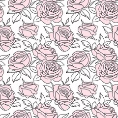 Aufkleber - Seamless pattern with abstract garden pink roses and leaves silhouette. Line art blossoming flowers. Vintage floral hand drawn wallpaper. Vector stock illustration.