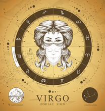 Vinatge Magic Witchcraft Card With Astrology Virgo Zodiac Sign. Realistic Hand Drawing Woman Head. Zodiac Characteristic