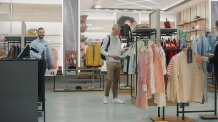 Poster - Beautiful Female Customer Shopping in Clothing Store, Retail Sales Associate Helps with Advice. Diverse People in Fashionable Shop, Choosing Stylish Clothes, Colorful Brand with Sustainable Designs