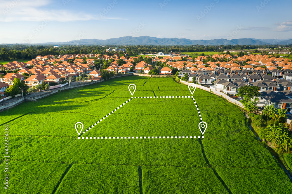 Land plot in aerial view. Gps registration survey of property, real ...