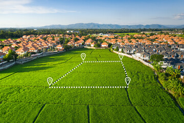 Wall Mural - land plot in aerial view. gps registration survey of property, real estate for map with location, ar