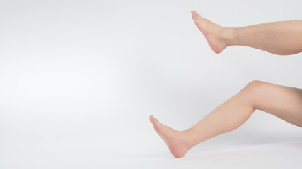 Wall Mural - Asian Male barefoot is isolated on white background.