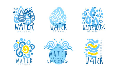 Sticker - Natural Water Spring Badge Design with Blue Drops Vector Set