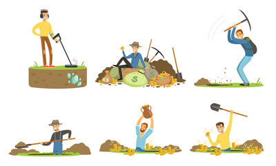 Wall Mural - Man Treasure Hunter with Metal Detector and Shovel Digging Hole in Soil Extracting Gold and Gemstones Vector Set