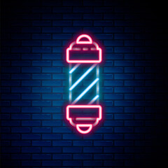 Sticker - Glowing neon line Classic Barber shop pole icon isolated on brick wall background. Barbershop pole symbol. Colorful outline concept. Vector