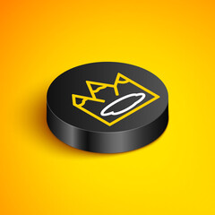 Sticker - Isometric line Canadian landscape with mountains and lake icon isolated on yellow background. Black circle button. Vector