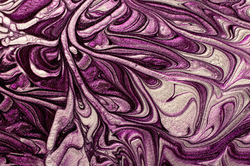  Purple and silver marble background.Mixed nail polishes,make up concept.Beautiful stains of liquid texture.Fluid art,pour painting technique.Horizontal banner,can be used as digital decor.