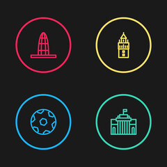 Sticker - Set line Football ball, Prado museum, Giralda and Agbar tower icon. Vector