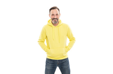 happy handsome mature man with beard and moustache in hoody isolated on white, sporty style