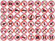 Red prohibition signs. Collection of vector icons forbidden dangerous actions: smoking, alcohol, food and drink, do not take drugs. Prohibition of movement in vehicles, use tools and other signs.