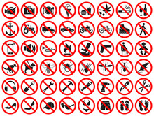 Red Prohibition Signs. Collection Of Vector Icons Forbidden Dangerous Actions: Smoking, Alcohol, Food And Drink, Do Not Take Drugs. Prohibition Of Movement In Vehicles, Use Tools And Other Signs.