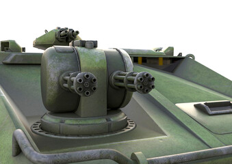 close up on the machine gun of the tank in white background