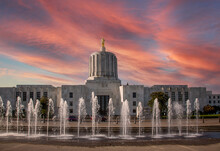 The Oregon State Capitol Building At Sunset Salem Oregon