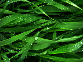 Fresh green wheat grass leaves with dew drops on leaves