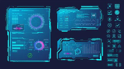 Fototapete - Futuristic frames. Cyberpunk HUD square screen. Digital futuristic hud interface panels, hologram high tech screen, modern interface. Attention interface hologram for gaming space management. GUI, UI