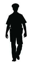 Policeman Officer On Duty Vector Silhouette Illustration Isolated On White Background. Police Man In Uniform In Patrol On Street.  Security Service Member Protect People. Law And Order. 