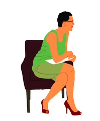 Wall Mural - Show host woman speaking on tv show event vector illustration. Head announces present news. Announcement of the program. Public speaker lady event presenter sitting in studio and reading papers. 