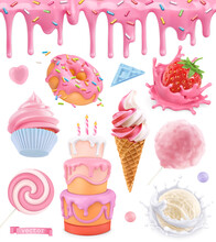 Sweet Food. Cake, Cupcake, Cotton Candy, Ice Cream, Strawberry Yogurt, Donut. Pink Glaze Seamless Pattern. 3d Realistic Vector Set
