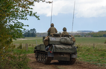 british army FV107 Scimitar armoured tracked military reconnaissance vehicle on maneuvers Salisbury Plain military training area