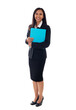 © len4foto - Full length of asian young business woman standing with her clipboard isolated on white background