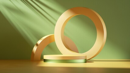3d render. Minimal abstract geometric background with direct sunlight in shades of green and yellow. Showcase scene with round frames and empty podium platform for product presentation