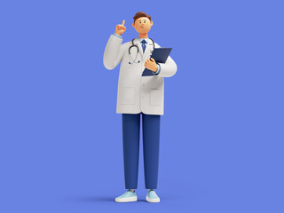 Wall Mural - 3d render, doctor cartoon character standing with finger pointing up, holding clipboard. Confident friendly therapist. Medical idea clip art isolated on blue background