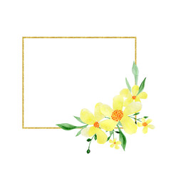 Watercolor yellow flowers in a gold frame. Wedding invitations. Greeting cards. Wildflowers.