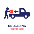 The loader unloads the goods from the truck. Delivery service. Moving icon vector 