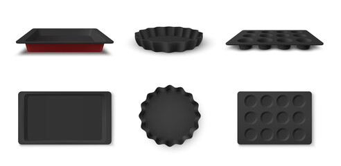 Collection of baking dish front and top view vector illustration. Aluminium kitchenware for cooking