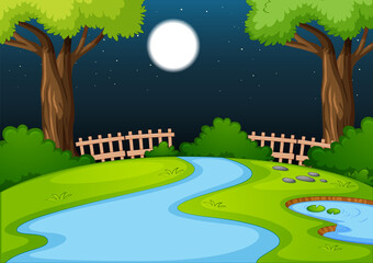 Sticker - Empty park scene with many trees and river at night