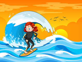 Poster - Big wave in the ocean scene with girl standing on a surf board