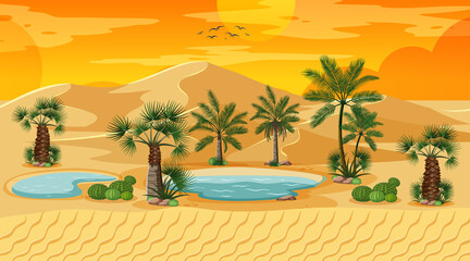 Wall Mural - Desert forest landscape at sunset scene with oasis