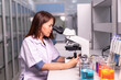 © atsarapong - Young woman researcher, doctor, scientist, looking through a microscope in a laboratory. Scientists are doing research