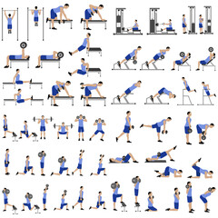 Wall Mural - Workout man set. Male doing fitness exercises illustration