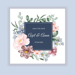 Wall Mural - beauty Wedding floral round invitation card with pink blue burgundy flowers