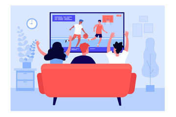 Wall Mural - back view of friends watching basketball on tv. sofa, home, living room flat vector illustration. en