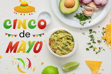 Bowl Of Tasty Guacamole On White Background. Cinco De Mayo (Fifth Of May) Celebration