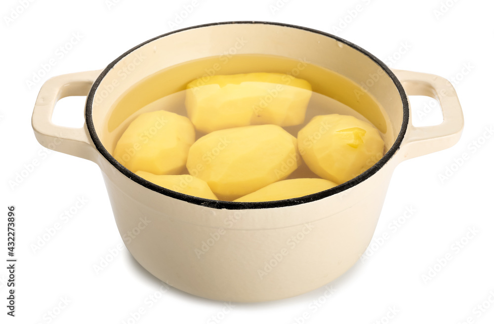 Cooking pot with peeled potatoes on white background