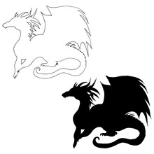 Graphic Vector Outline, White And Black Silhouette Of A Dragon Isolated On A White Background