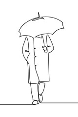 Wall Mural - Person with umbrella in continuous line art drawing style. Front view of man walking in autumn coat holding umbrella over head. Black linear sketch isolated on white background. Vector illustration