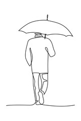 Wall Mural - Person with umbrella in continuous line art drawing style. Back view of man walking in rainy day with umbrella over head. Black linear sketch isolated on white background. Vector illustration