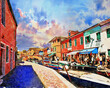Beautiful afternoon, tourists and colorful houses along the canal on the Burano island. Architecture and landmarks of Venice, Italy. - watercolor painting.