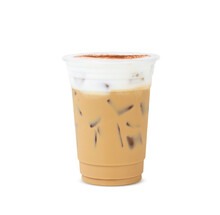 Menu Iced Coffee Latte Cappuccino With Ice In Glass. Add The Milk Foam And Cocoa Powder To Sprinkle.  Isolated On White Background. Clipping Path.