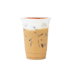 Menu iced coffee latte cappuccino with ice in glass. Add the milk foam and cocoa powder to sprinkle.  isolated on white background. clipping path.